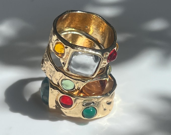 14K Gold Plated Colorful Glass Gemstone Ring | Chunky Statement Band | US Size 6.5-7 | Retro Boho Gold Ring Unique Gift for Her