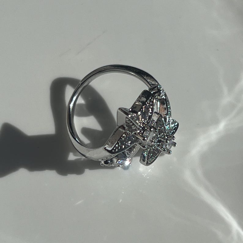 Celestial Star Ring, Silver Plated Brass, Clear Cubic Zirconia, 25mm ...
