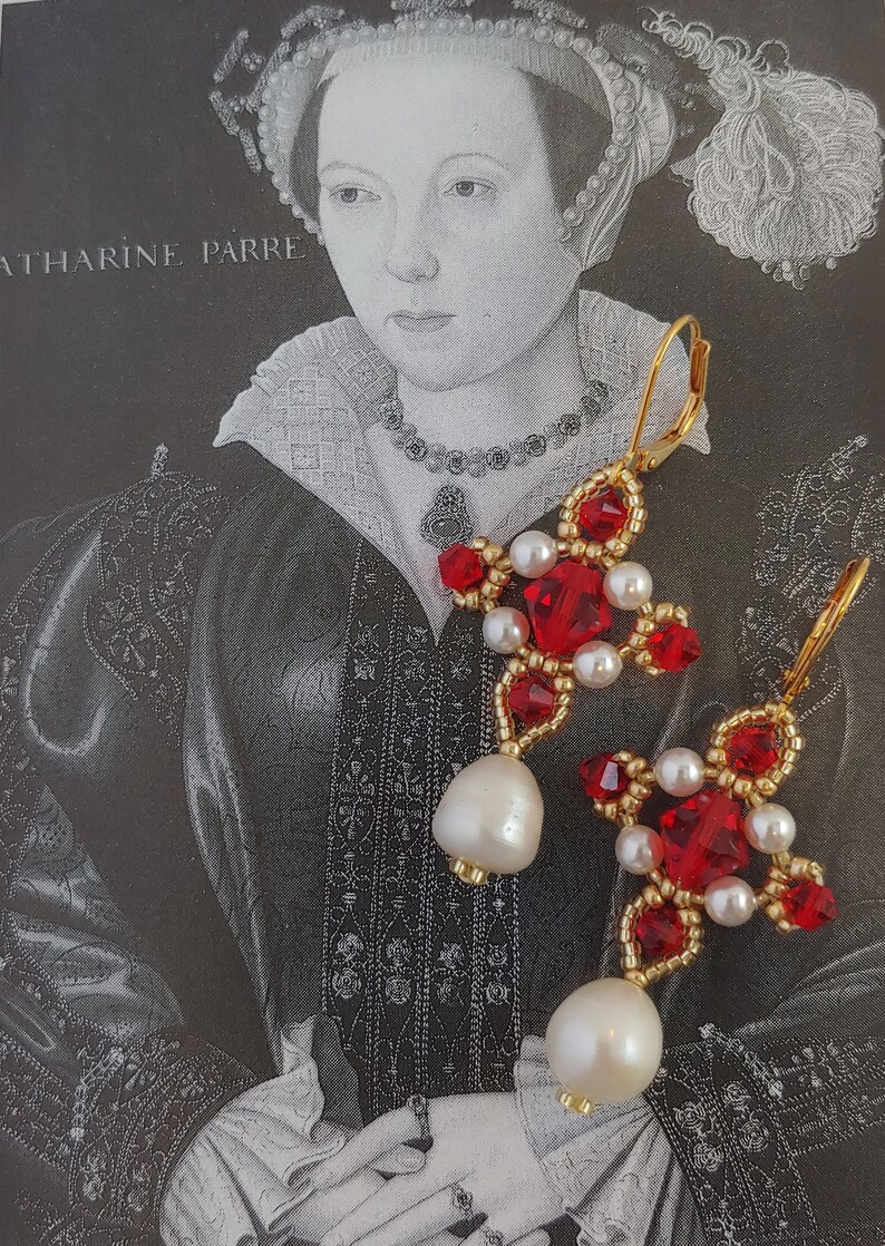 Tudor Elizabethan Pearl and Ruby Crystal Beaded Earrings Etsy