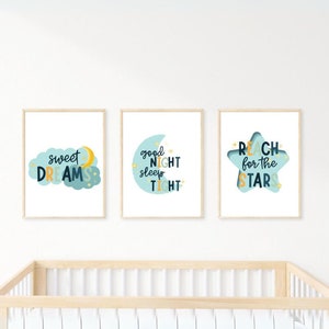 Nursery Wall Decor Set of 3 Prints | Blue Nursery Wall Art | Moon and Stars Nursery Wall Art | Baby Boy Nursery | Moon and Stars Nursery