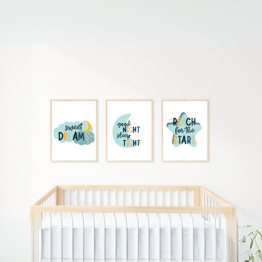 Nursery Wall Decor Set of 3 Prints Blue Nursery Wall Art Moon and Stars