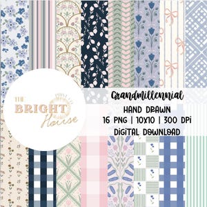 May include: A digital download featuring a collection of 16 hand-drawn patterned papers. The designs include floral, striped, and geometric patterns in pastel colors. The text on the image reads "Grandmillennial" and "Digital Download."