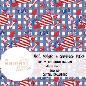 May include: A digital seamless pattern featuring a patriotic design with red, white, and blue elements. The pattern includes American flags, fireworks, cherries, stars, and the word "USA" on a blue and white checkered background. The text "Red, White & Summer Vibes" is also included.