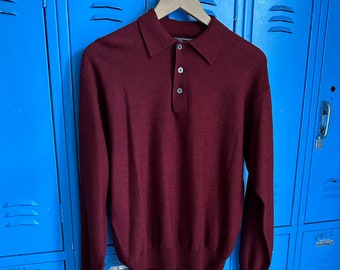 Vintage 80’s Premium Gap Italian Extra Fine Merino Deep Red Men’s Collared Pullover Sweater Small-Made in Hong Kong