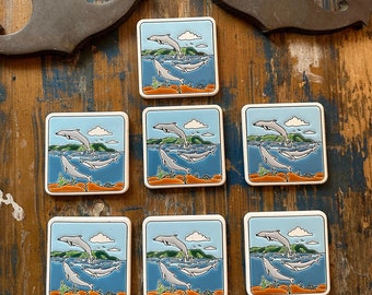 Vintage Ceramic Coasters Ocean Motif Dolphins  8.5mm x 8.5mm Set of 7