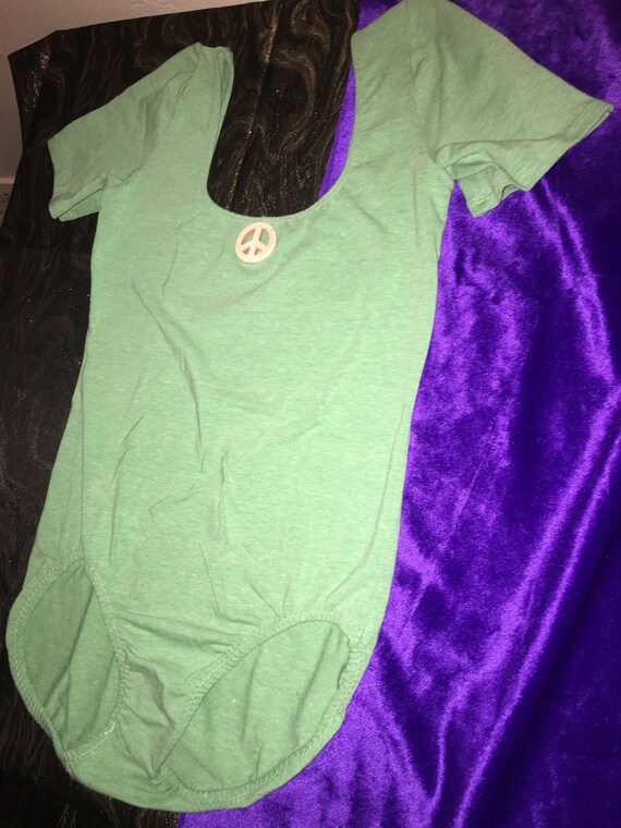 80's Danskin Green Bodysuit/ Leotard w/ Peace Sign