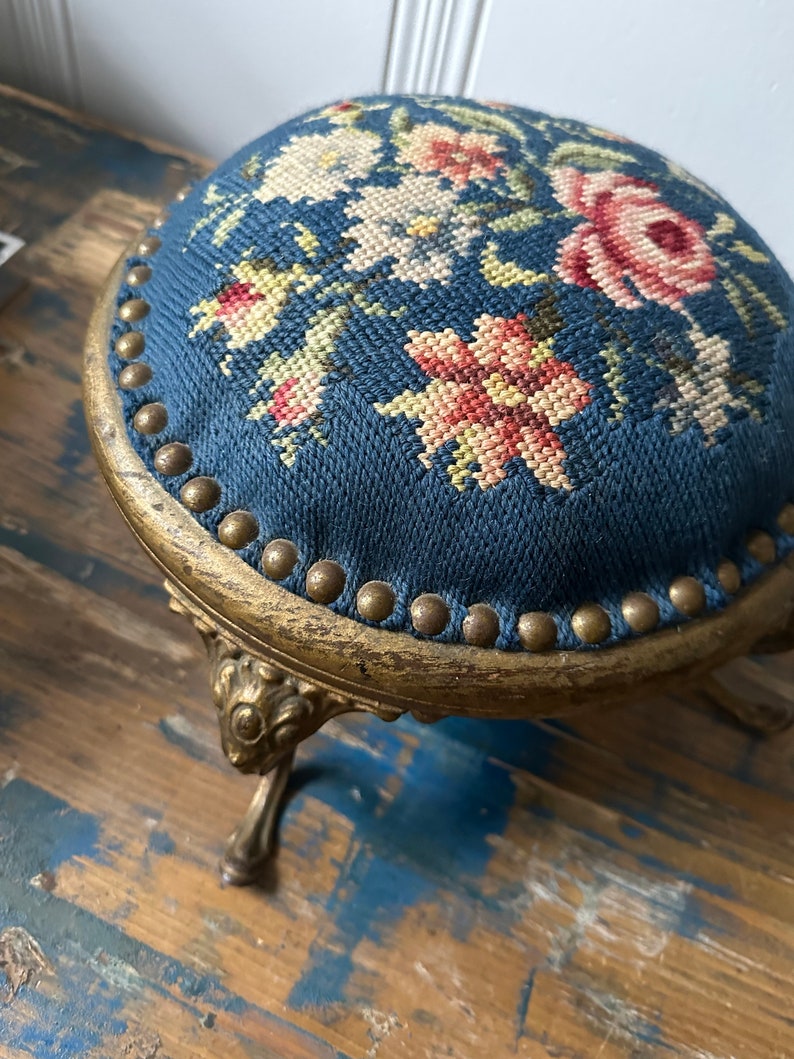 Antique 1800’s Victorian Foot Stool Blue Background Floral Detail ...