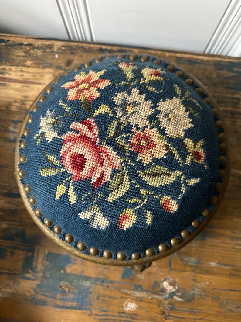 Antique 1800’s Victorian Foot Stool Blue Background Floral Detail ...