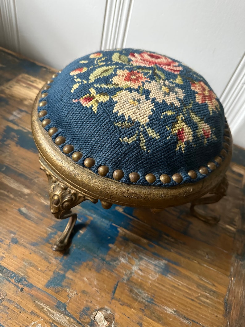Antique 1800’s Victorian Foot Stool Blue Background Floral Detail ...