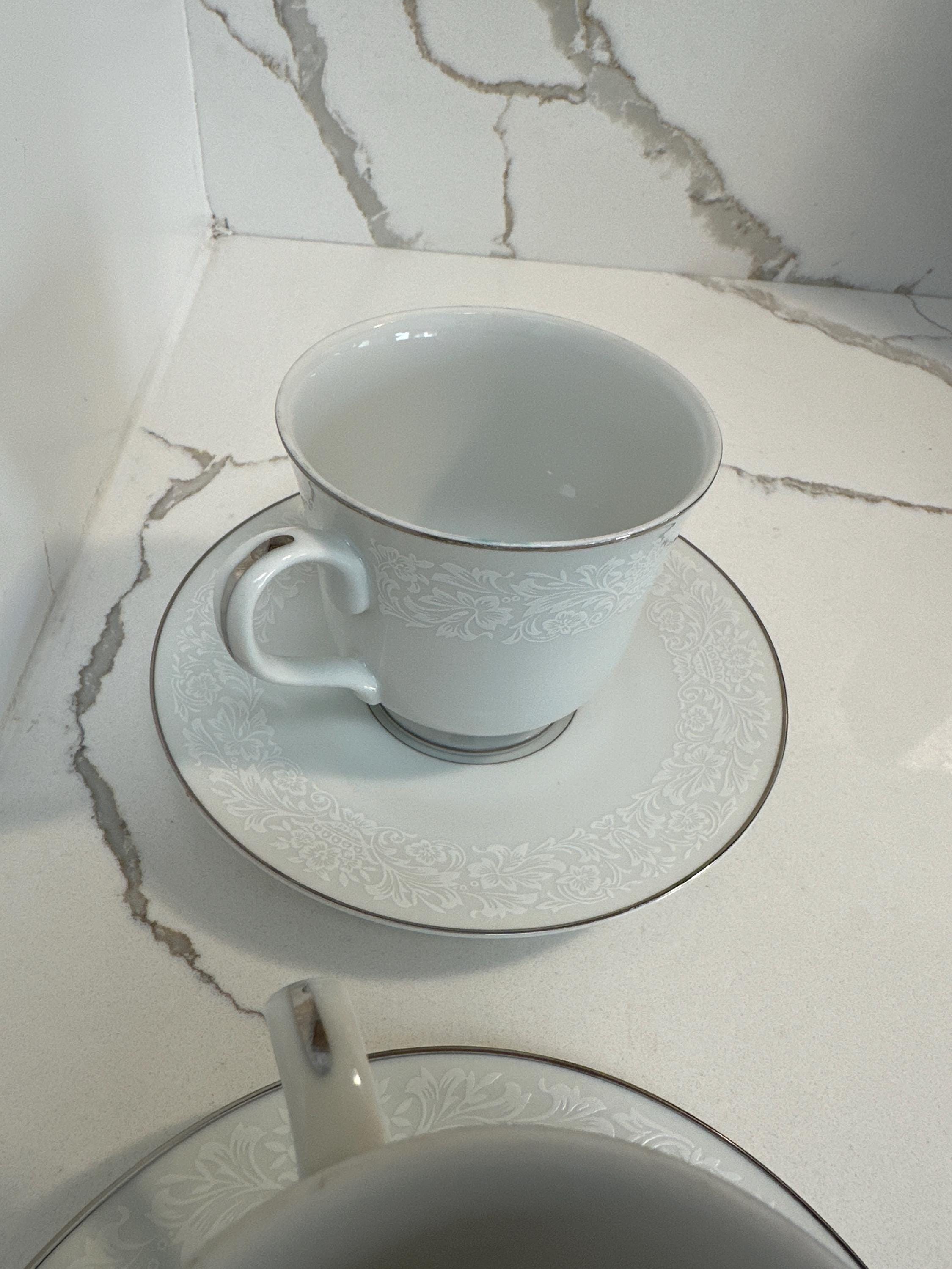 Southampton 384 Four Crown China Cup & Saucer, White W/ Silver
