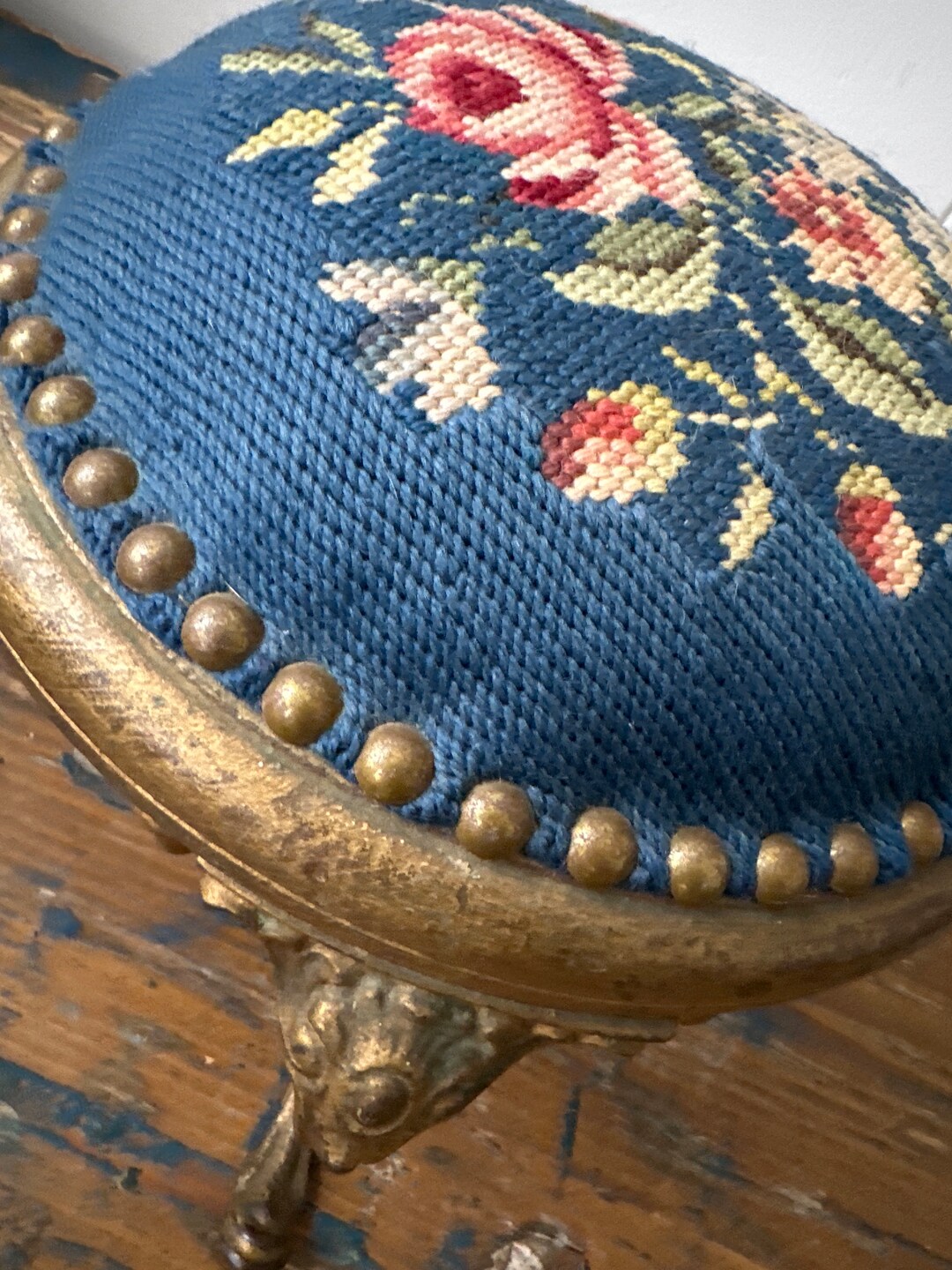 Antique 1800’s Victorian Foot Stool Blue Background Floral Detail ...