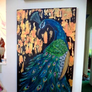 Peacock and Gold Leaf Original Acrylic on Canvas Painting 24&quot;x 48&quot; by Dori Anderson