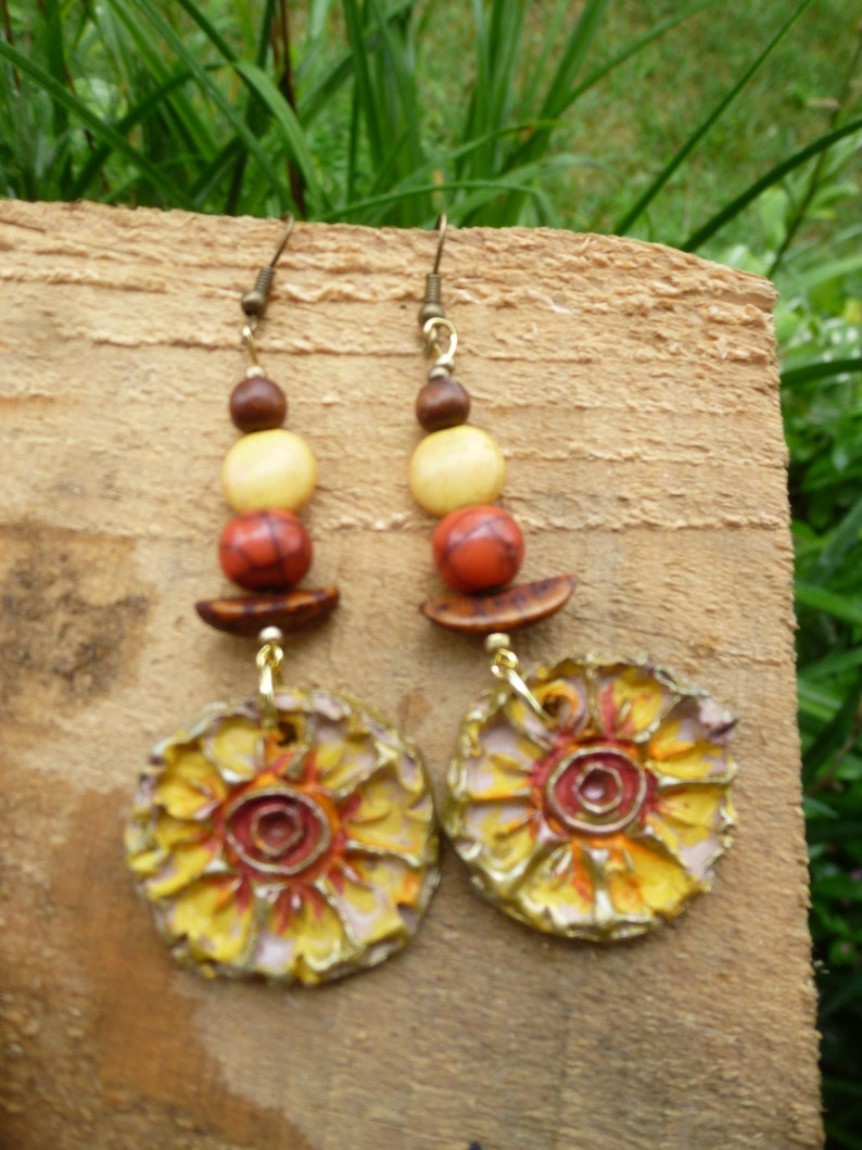 Handmade sunflower clay bead earrings Etsy