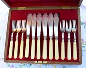 Mappin & Webb Silver Plated Fish Knives and Forks in Solid Oak Wood Box Antique Hallmarked 12 Piece Set Made in England Very Downton Abbey