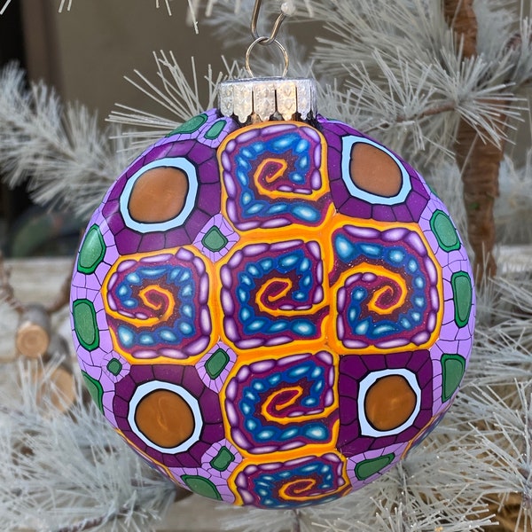 Christmas Ornament Polymer Clay Millefiori on Glass Disc 3 1/8" Colorful Mosaic