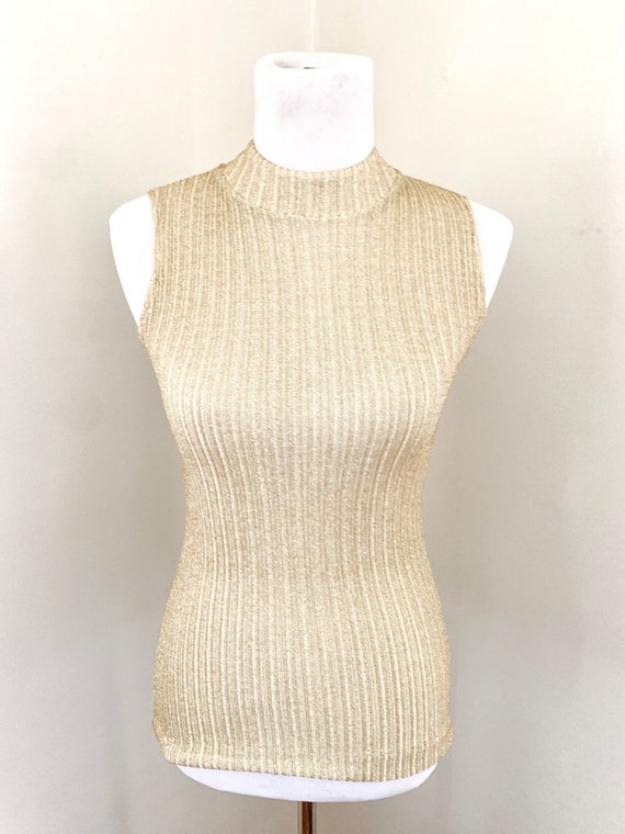 60s Gold Ribbed Tank with Mock Neck // Size Small