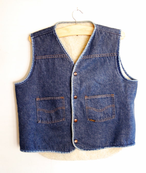 Vintage Denim Shearling Vest // 70's Roebucks // Size… - Gem