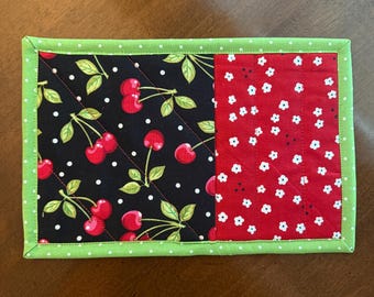 Cherry Floral Red & Green Handmade Quilted Mug Rug | Snack Mat | Coaster