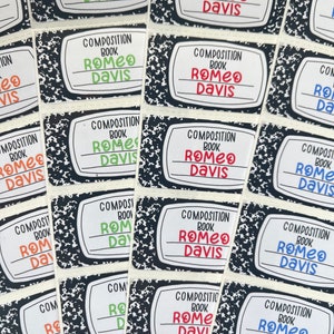 May include: A collection of composition book labels with the text "COMPOSITION BOOK ROMEO DAVIS" in various colors. The labels have a classic black and white speckled background, with the name "ROMEO DAVIS" in green, red, blue, and orange.