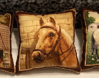 Set of 4 Horse Mini Pillows Each one is Unique with the Same Front and Back 5 x 5 inches