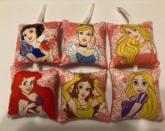 Disney Princess Pillow Ornaments set of 6 Pretty Pink Christmas Cinderella, Rapunzel, Belle, Ariel, Aurora and Snow White All handsewn