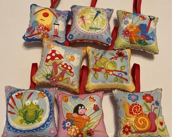 Makower Bugs Fabric Pillow Ornaments Set of 8 unique ornaments with bright flowered backs