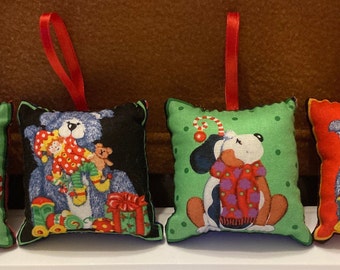 Dog Christmas Ornaments featuring Fluffy Cartoon Dogs with Christmas fabric backs All Handsewn