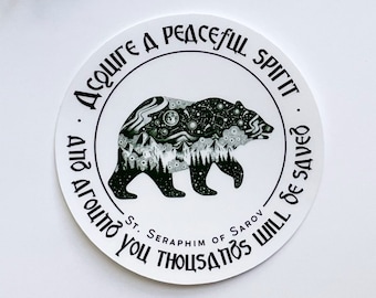 St. Seraphim of Sarov "Acquire a peaceful spirit" quote bear sticker | water bottle laptop decal | Eastern Orthodox Catholic Christian gifts