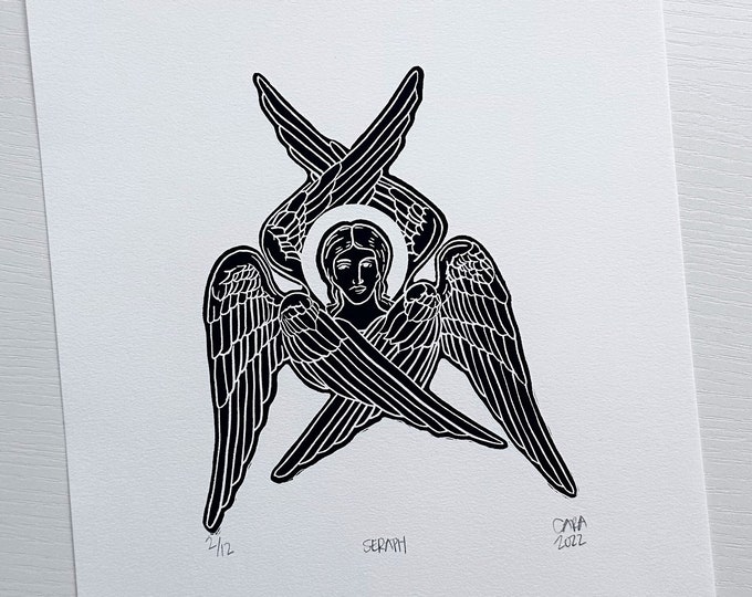 Featured listing image: Seraph Angel Black Linocut Print | Eastern Orthodox Catholic Christian Biblical Wall Art