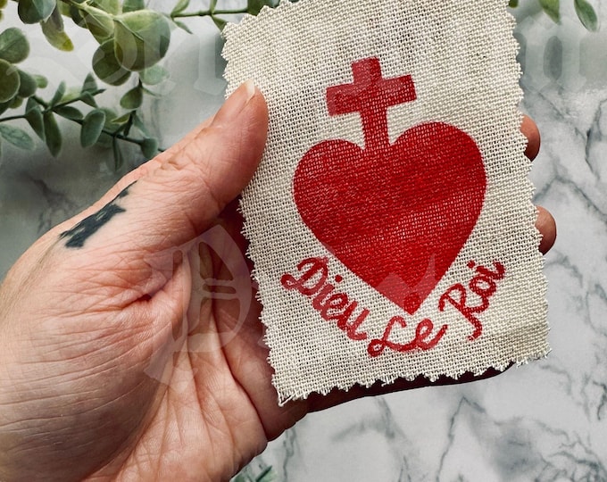 Featured listing image: Dieu Le Roi Sacred Heart Vendée Style Badge | Linocut Print | Catholic Gifts