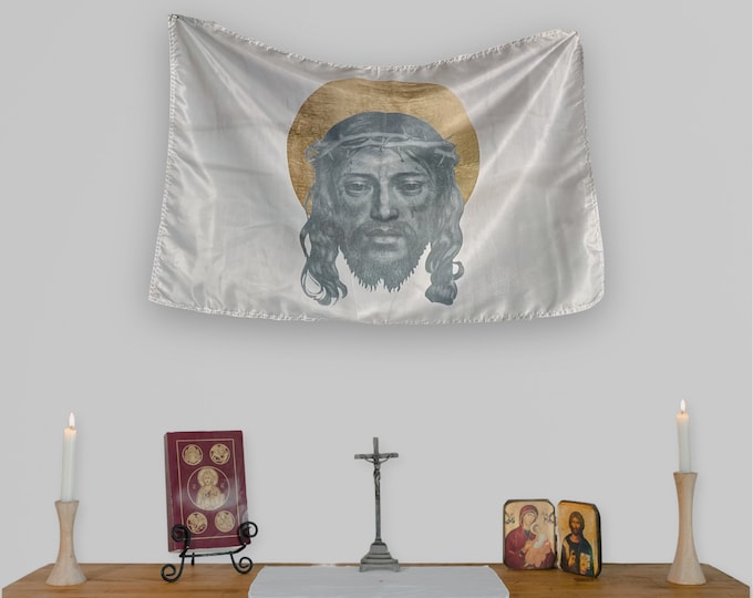 Featured listing image: Holy Face of Jesus St. Veronica's Veil Wall Art Banner | Christian Home Decor | Gifts for Traditional Catholics Eastern Orthodox Christians