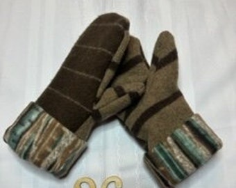 Unisex Brown striped upcycled wool sweater mittens with striped fleece lining