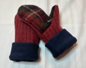 Brick Red Upcycled wool sweater mittens with fleece lining