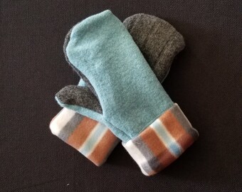 Light Blue and Gray Wool Sweater Mitten with brown plaid fleece lining