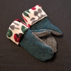 Sea Green and Gray Upcycled Wool Sweater Mittens with woodland fleece lining