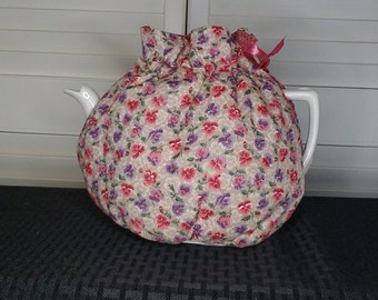 Pink and Purple Pansy Tea Cozy with reversible Raspberry Print