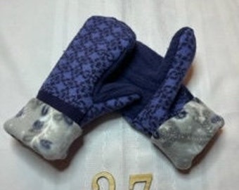 Periwinkle purple upcycled sweater wool mittens with grey lining