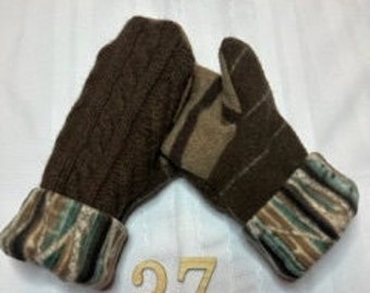 Unisex Brown cable knit upcycled wool sweater mittens with striped fleece lining