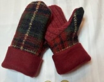 Red and Navy Plaid upcycled wool sweater mittens with fleece lining