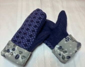 Blue Periwinkle upcycled sweater wool mittens with grey lining