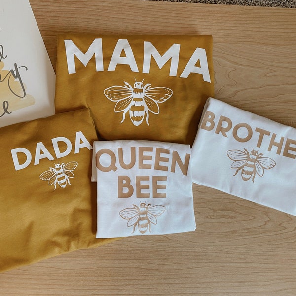 matching birthday family shirts, grandparent shirts for birthday, mama bee, nana bee, dada bee, sis bee, queen bee birthday, bee day theme