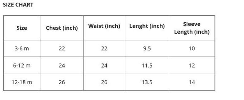 May include: Size chart for baby clothes with measurements in inches. The chart shows chest, waist, length, and sleeve length for sizes 3-6 months, 6-12 months, and 12-18 months.