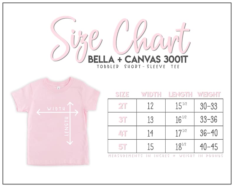 Puede incluir: Tabla de tallas para la camiseta de manga corta para ni&ntilde;os peque&ntilde;os Bella + Canvas 3001T. La tabla muestra las tallas 2T a 5T con las medidas de ancho, largo y peso correspondientes en pulgadas y libras.