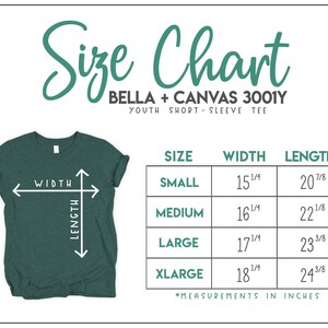 Puede incluir: Tabla de tallas para la camiseta de manga corta para j&oacute;venes Bella + Canvas 3001Y. La tabla muestra las tallas de la S a la XL con las medidas de ancho y largo correspondientes en pulgadas.