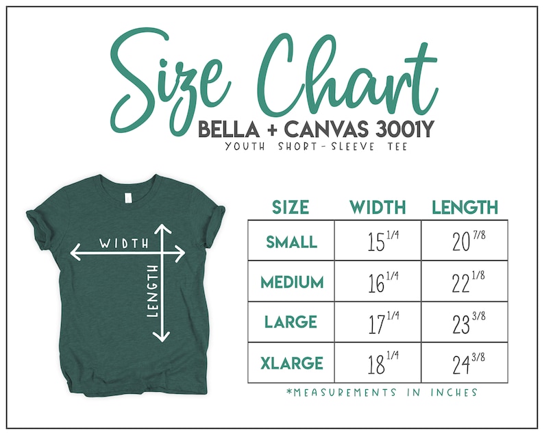 Puede incluir: Tabla de tallas para la camiseta de manga corta para j&oacute;venes Bella + Canvas 3001Y. La tabla muestra las tallas de la S a la XL con las medidas de ancho y largo correspondientes en pulgadas.