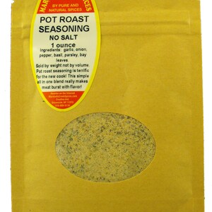 May include: A yellow pouch with a clear window showing a brown spice blend. The pouch is labeled "Marshalls Creek Spices Pot Roast Seasoning No Salt 1 ounce".