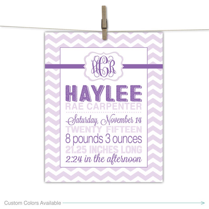 Baby Girl Nursery Wall Art Lavender Decor Birth Stats Sign Purple Chevron Monogram Print Canvas