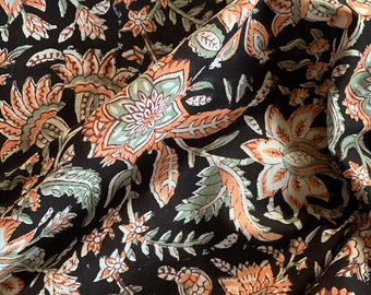 Black Floral Block Print Cotton Fabric By The Yard
