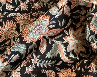 Black Fabric Cotton By The Yard Fabric Block Printed Fabric, Indian Soft cotton Fabric Color Summer Fabric Running floral Print Fabric