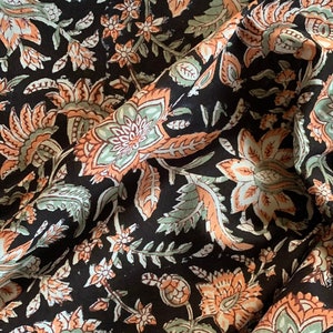 Black Fabric Cotton By The Yard Fabric Block Printed Fabric, Indian Soft cotton Fabric Color Summer Fabric Running floral Print Fabric